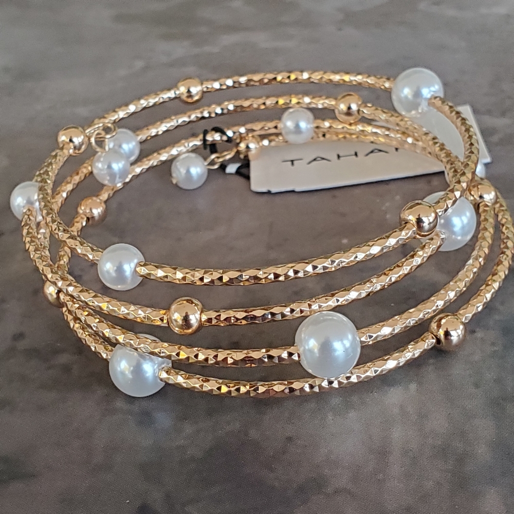 TAHARI Hammered Gold Pearl Coil Bracelet Memory Wire Wrap Spiral Bangle Bypass - Picture 5 of 11